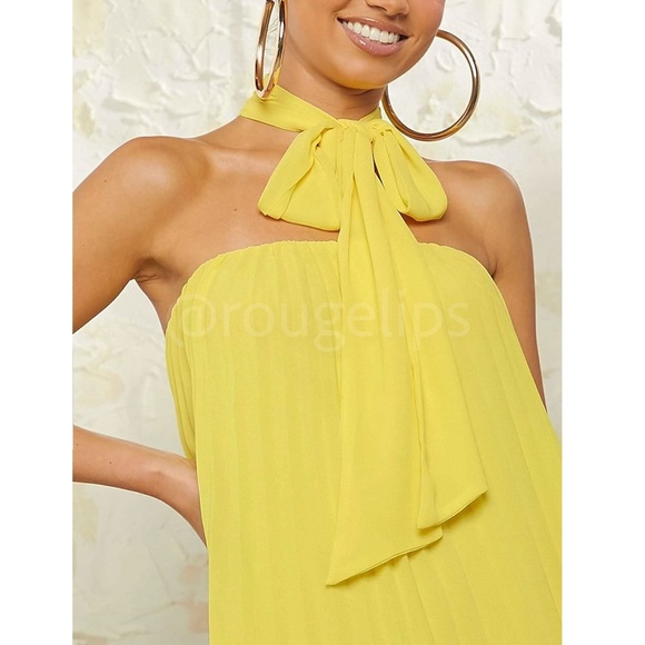 Pleated Yellow Mini Dress Tie Neck Short A-Line Flared - Picture 5 of 17
